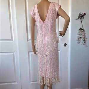 VINTAGE peach lace over pink ink peplum midi Dress with Cap Sleeves